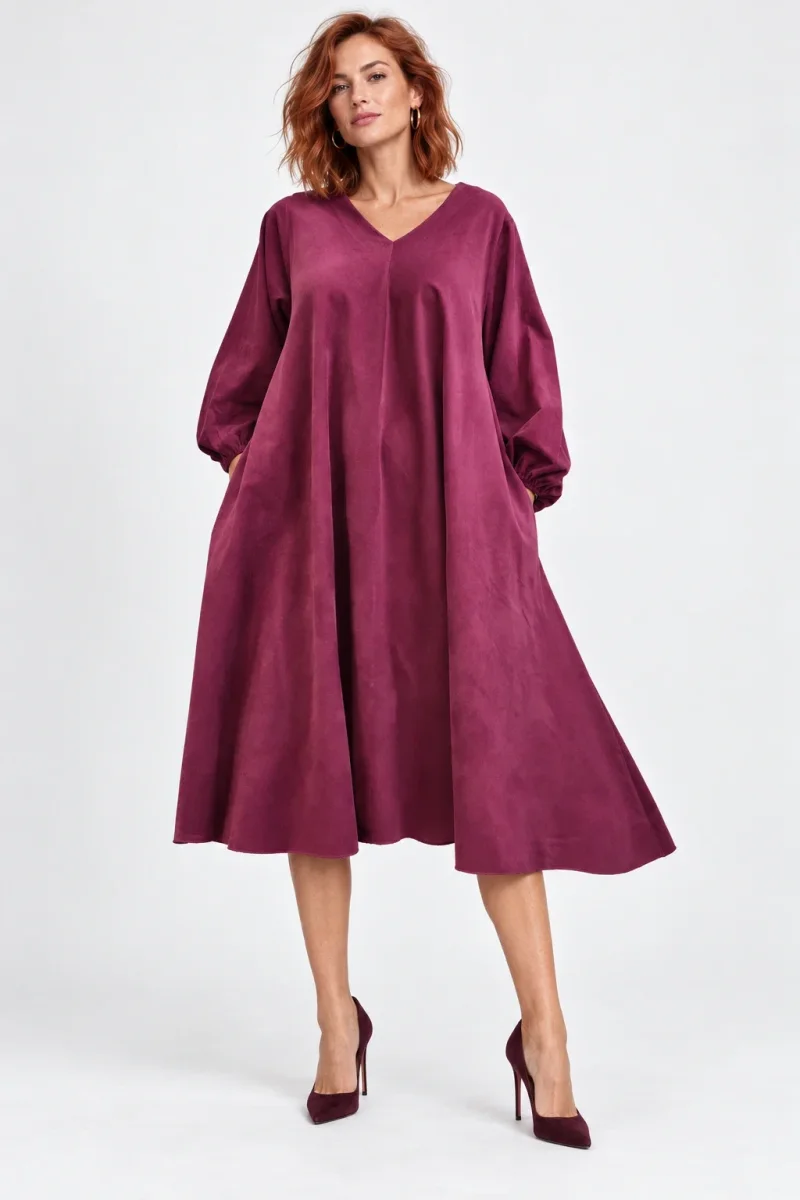 Rochie midi ampla din catifea reiata de bumbac, bordo