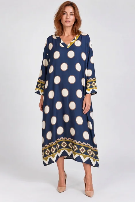Rochie maxi din matase si vascoza cu buline si bordura grafica, bleumarin
