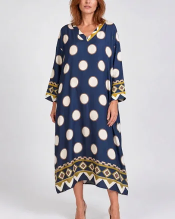 Rochie maxi din matase si vascoza cu buline si bordura grafica, bleumarin