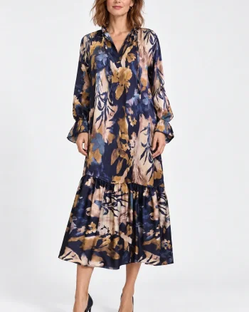 Rochie lunga satinata din matase si vascoza cu volanas la  guler si imprimeu abstract, bleumarin