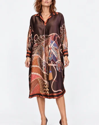 Rochie midi satinata din matase si vascoza cu imprimeu cai, maro