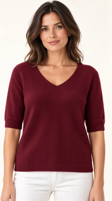 Pulover dama cu maneca scurta raglan si decolteu in V, bordo