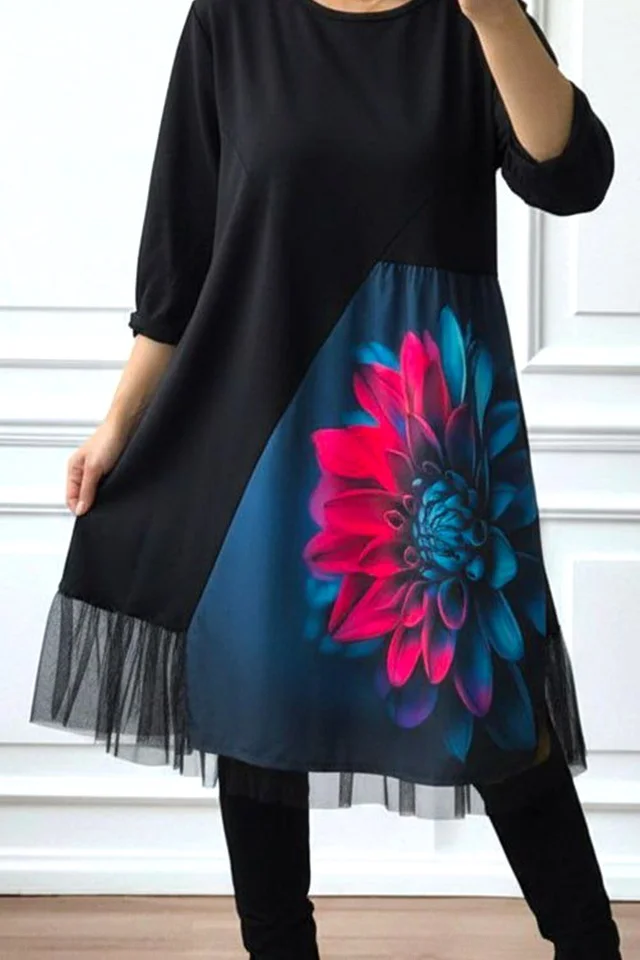 Rochie bumbac Arty Fiora, cu tull si croi oversize, Mystic Flower, Marime S/M/L