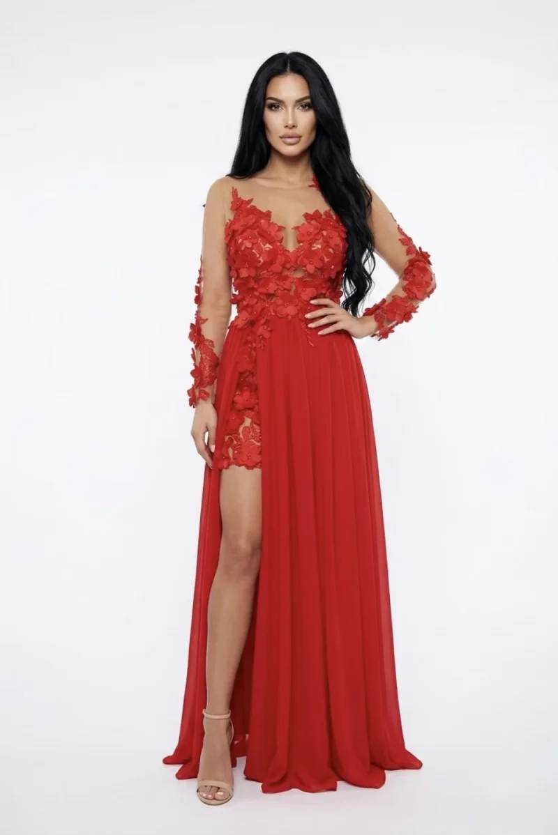 Rochie eleganta lunga cu broderie florala 3d
