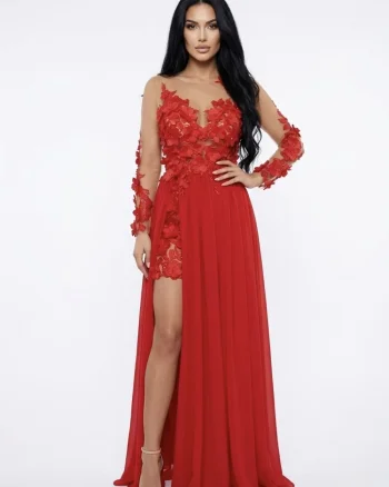 Rochie eleganta lunga cu broderie florala 3d