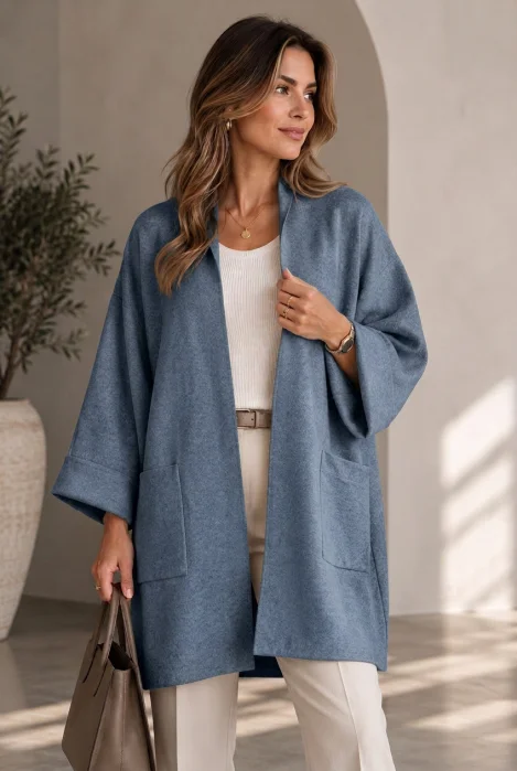 Cardigan lung oversize din vascoza, cu buzunare aplicate si croi amplu, albastru jeans