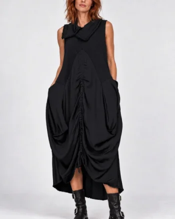 Rochie lunga statement din bumbac si vascoza satinata cu drapaje, neagra