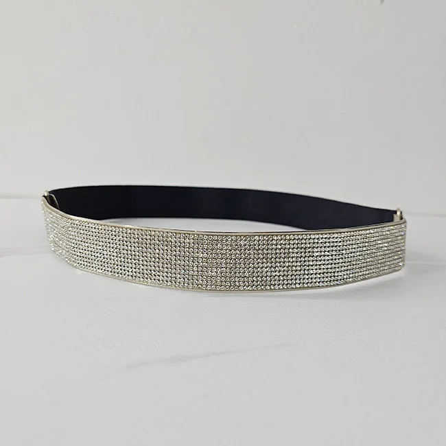 Curea elastica, metalica, cu pietre artizanale, Bow, Latime 3 cm, Argintiu