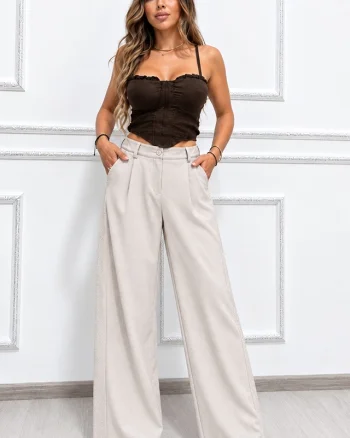 Pantaloni lungi office CELISA, cu pense si cristale, Alb prafuit, Marime S/M