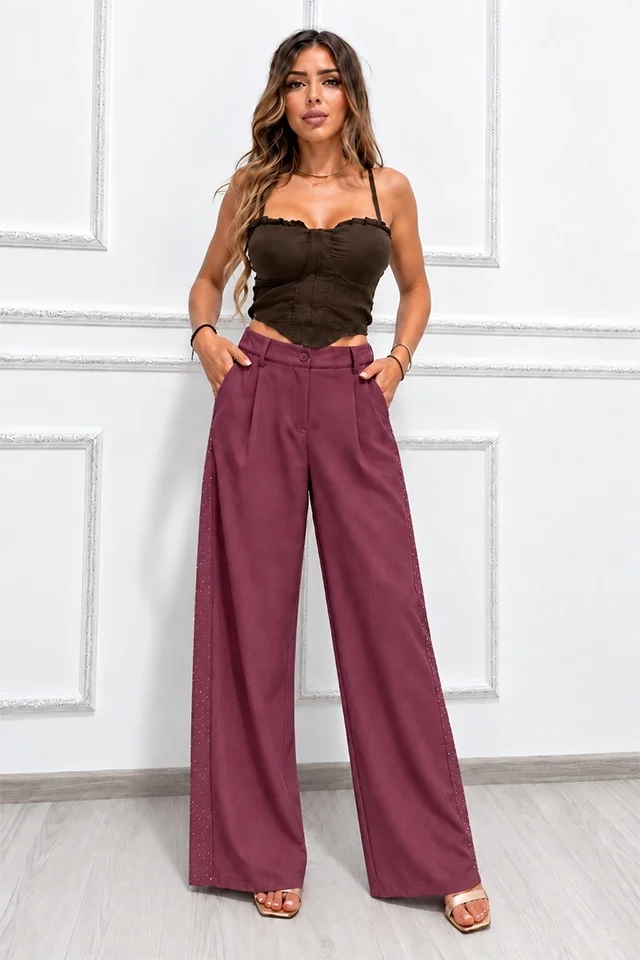 Pantaloni lungi office CELISA, cu pense si cristale, Magenta, Marime S/M