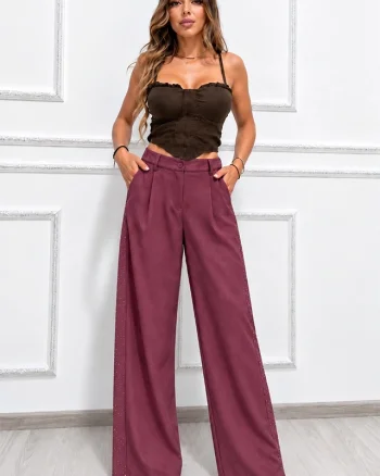 Pantaloni lungi office CELISA, cu pense si cristale, Magenta, Marime S/M