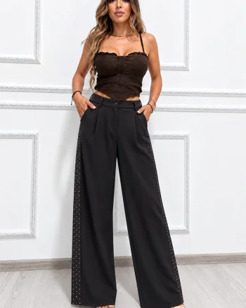 Pantaloni office CELISA, cu banda elastica la spate si cristale, Negru, Marime S/M