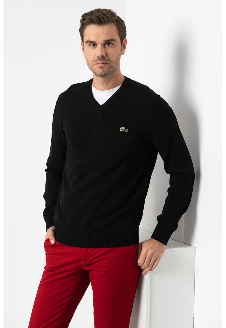 Pulover regular fit din bumbac organic cu decolteu in V - Negru