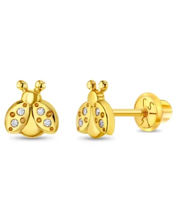 Cercei din Aur 14K pentru Copii – Buburuza cu Pietre CZ - inchidere cu Filet si Protectie