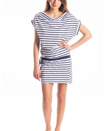 Rochie cu model in dungi Carina - Alb/Bleumarin