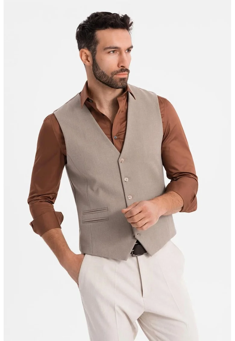 Vesta slim-fit cu decolteu in V - Maro taupe