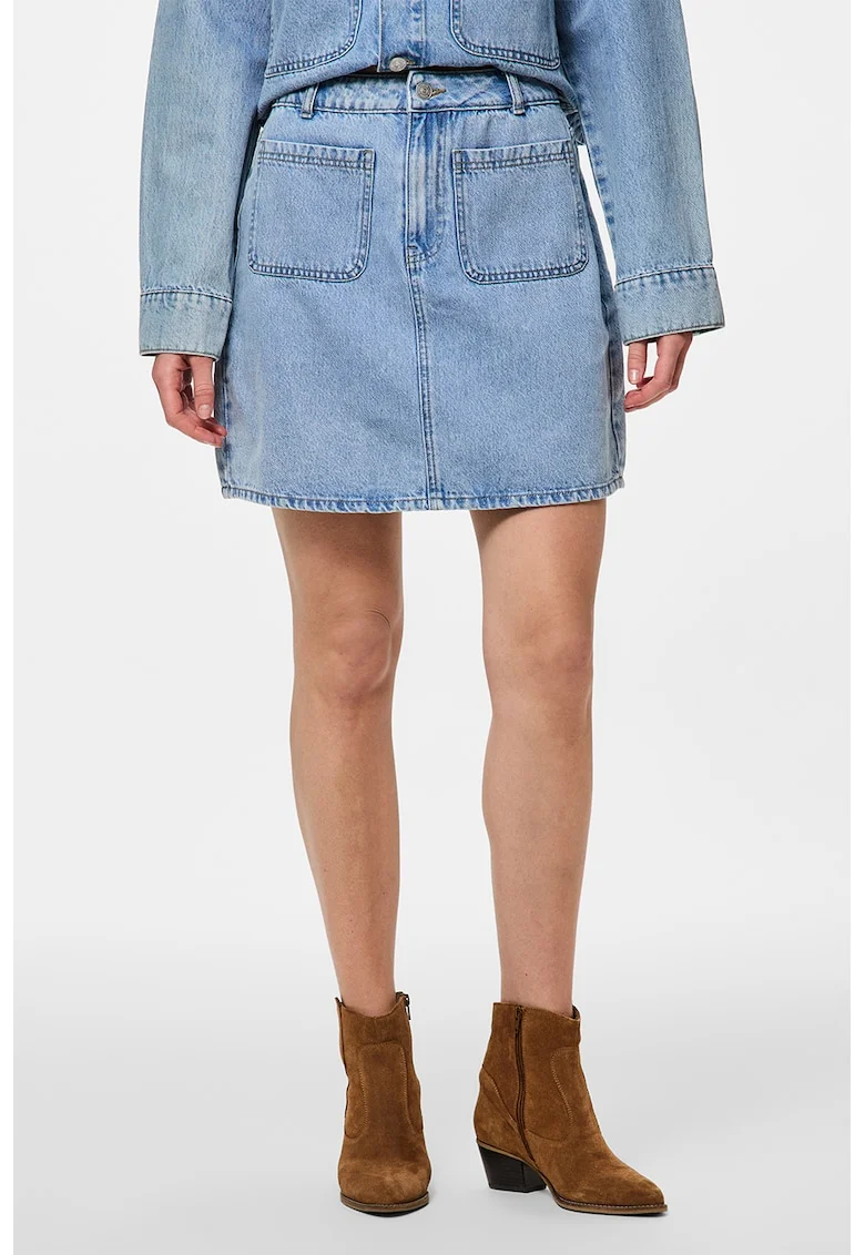 Fusta mini de denim cu croiala in A - Albastru deschis