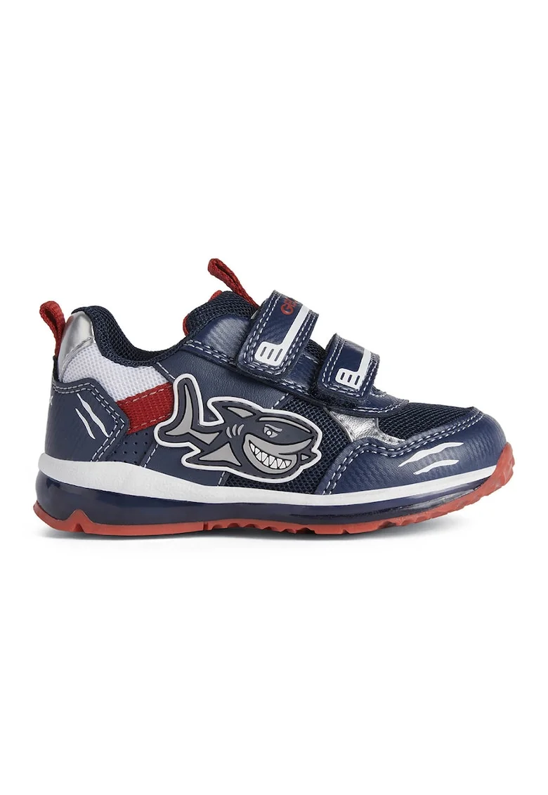 Pantofi sport de piele ecologica si material textil cu velcro - Alb/Argintiu/Bleumarin