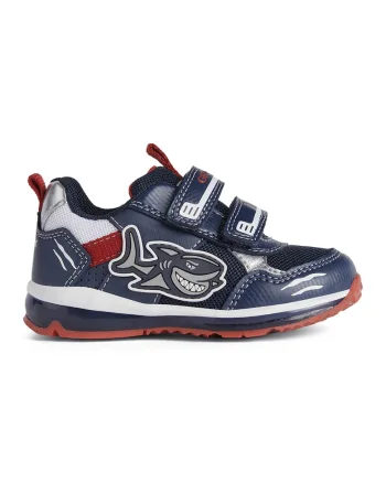 Pantofi sport de piele ecologica si material textil cu velcro - Alb/Argintiu/Bleumarin