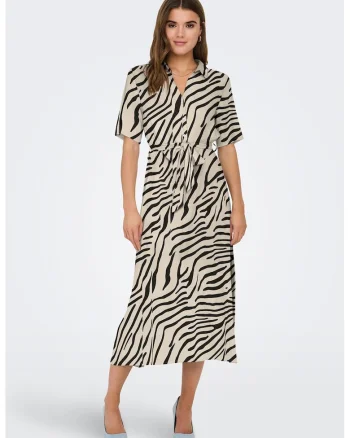 Rochie-camasa cu imprimeu si cordon in talie - Negru/Bej
