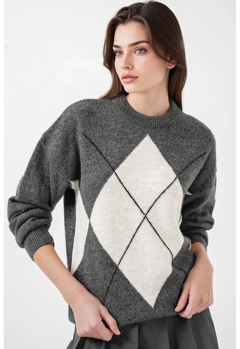 Pulover dama - BigDart - geometric supradimensionat - tricot - Gri carbune -