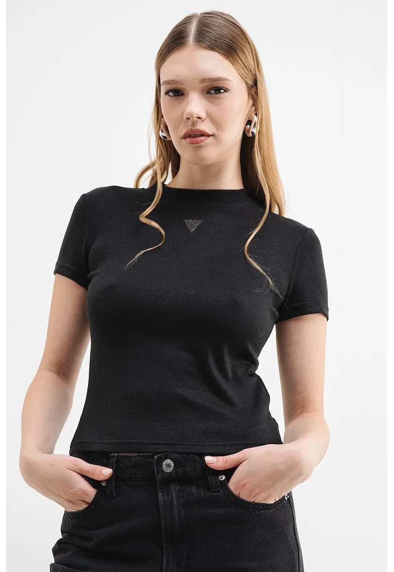 Tricou cambrat cu strasuri - Negru stins