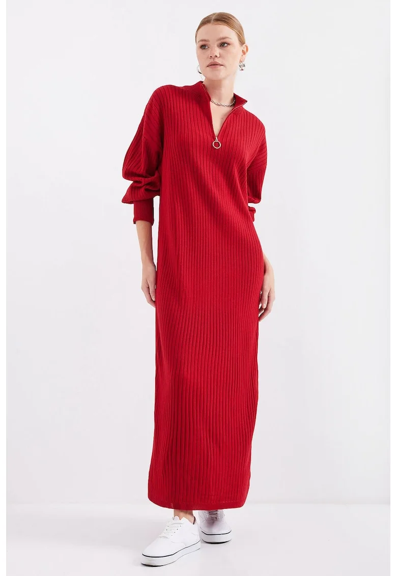 Rochie dama -  guler inalt cu fermoar - tricot - rosu -