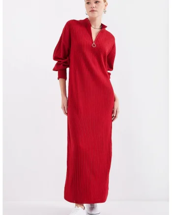Rochie dama -  guler inalt cu fermoar - tricot - rosu -