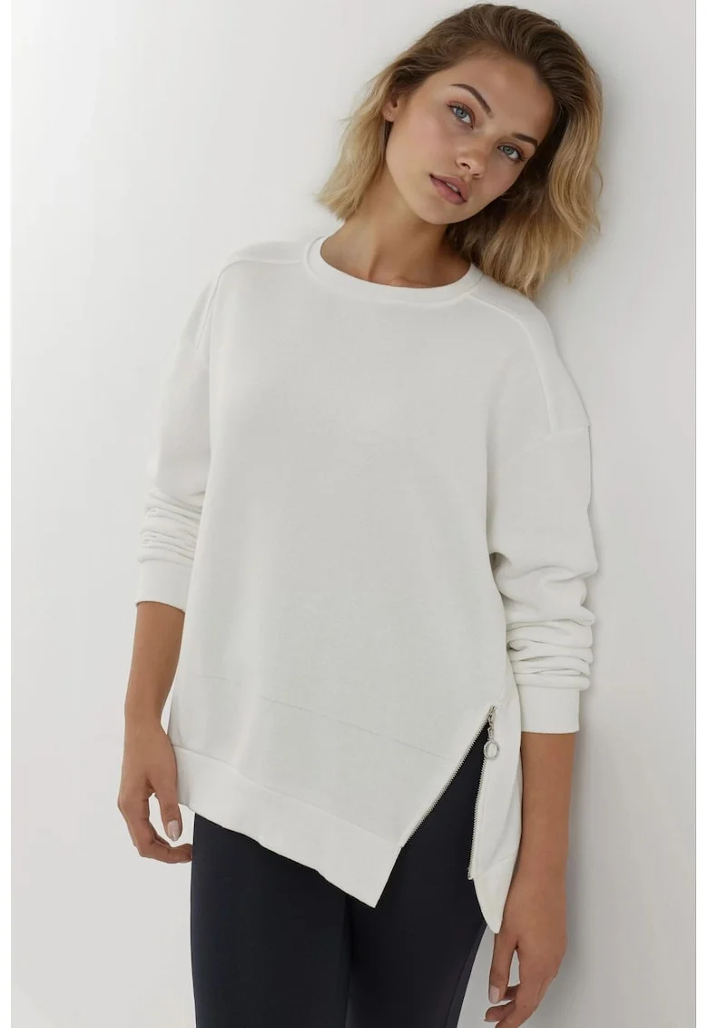 Hanorac dama -  texturat - guler rotund - fermoar - alb - textil