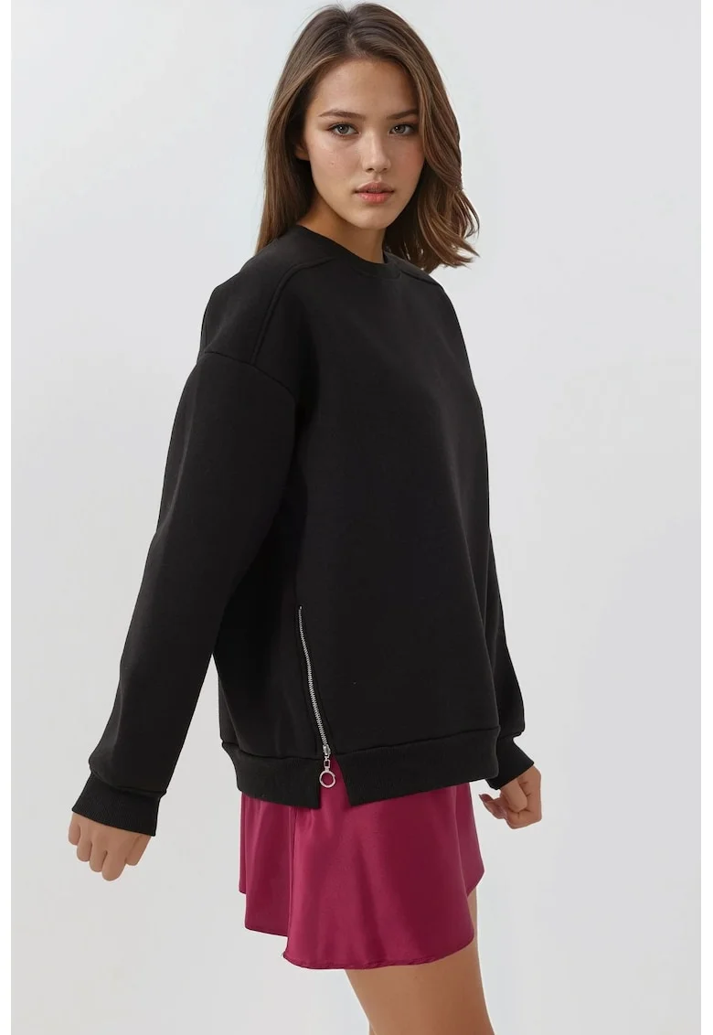 Hanorac dama -  texturat - guler rotund - fermoar - negru - textil