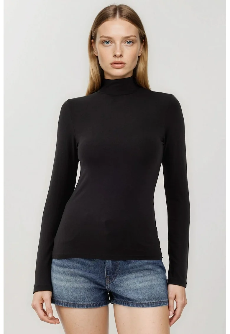 Bluza dama -  slim fit - guler inalt - negru - viscoza