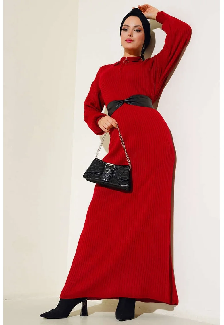 Rochii - BigDart - Rochie maxi din tricot cu guler inalt - Tricot - Rosu -