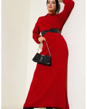 Rochii - BigDart - Rochie maxi din tricot cu guler inalt - Tricot - Rosu -