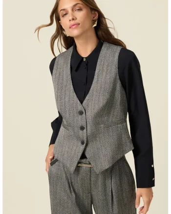 Vesta cu decolteu in V si model herringbone - Negru/Alb murdar