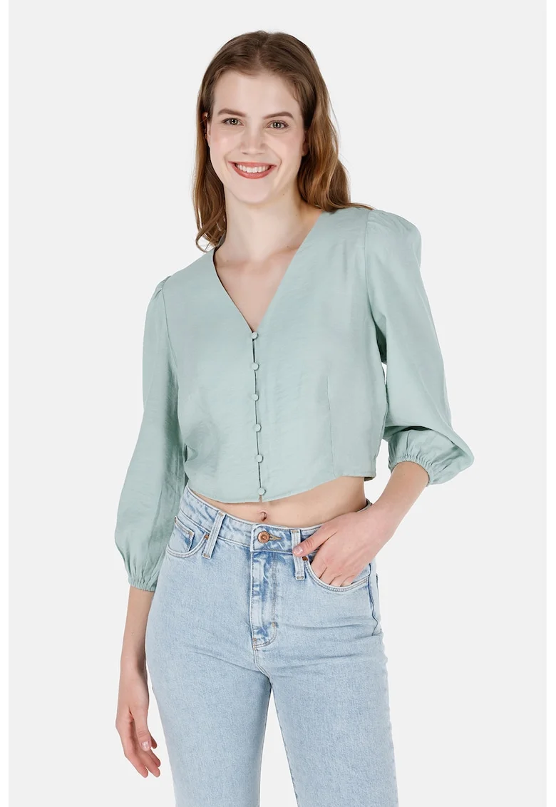 Camasa crop cu maneci bufante - Verde pal
