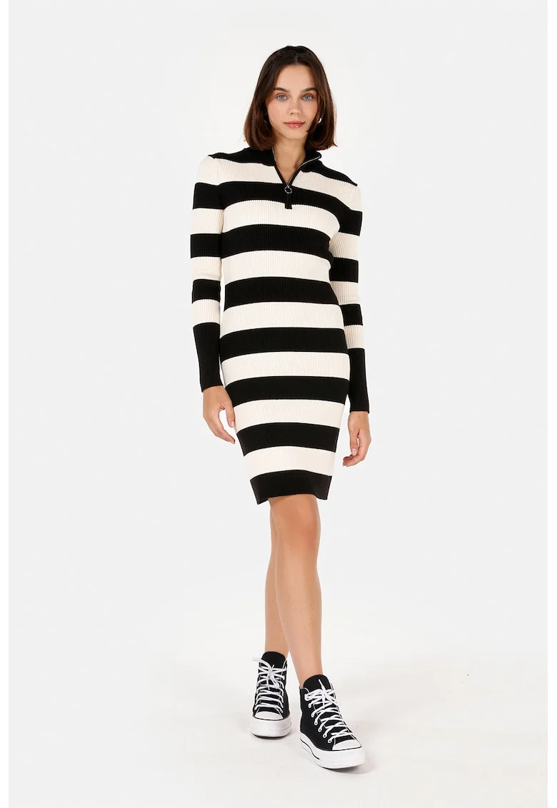Rochie mini tricotata cu dungi - Negru/Alb murdar