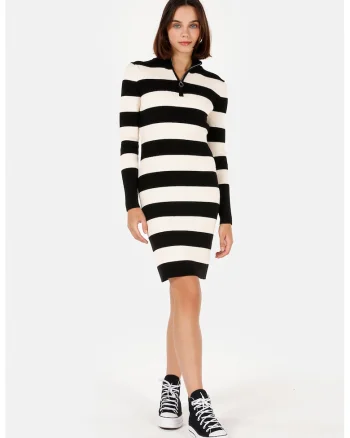 Rochie mini tricotata cu dungi - Negru/Alb murdar