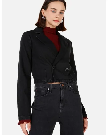 Jacheta crop de bumbac - Negru