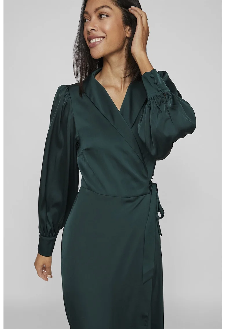 Rochie midi de satin cu model petrecut - Verde inchis
