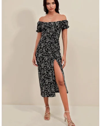 Rochie midi tricotata dama - HiCCUP - decolteu patrat - poliester/lycra - negru/alb