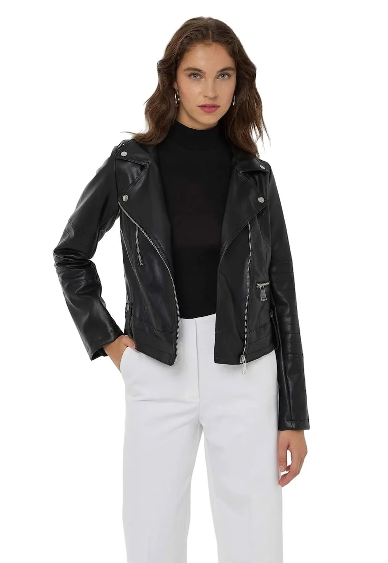 Jacheta de motociclist -  Piele ecologica - Negru - Design elegant - Confortabil