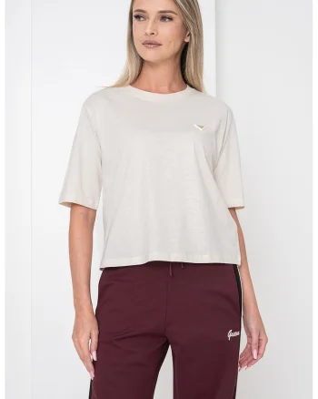 Tricou din bumbac cu decolteu la baza gatului - Crem