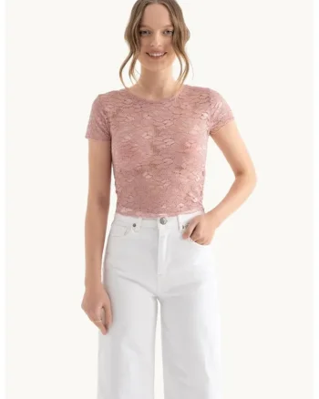 Top din plasa -  decolteu rotund - broderie florala - roz - jerseu