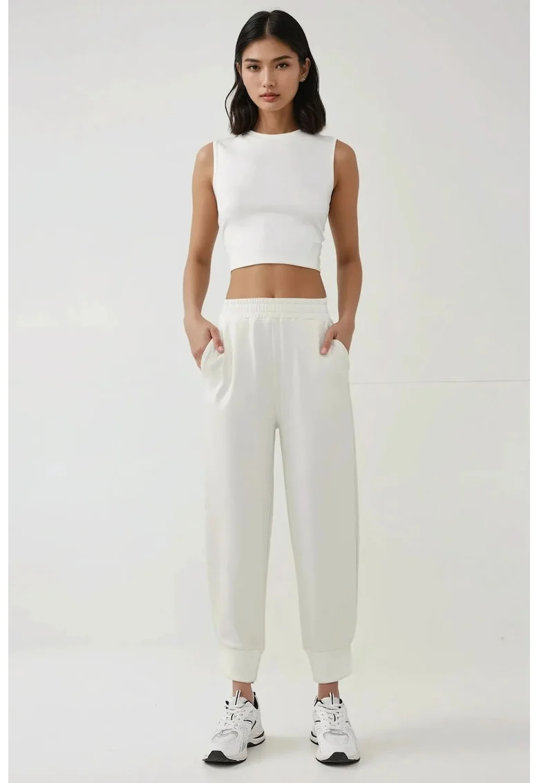 Pantaloni sport dama  talie elastica - design modern - culoare natur - material textil