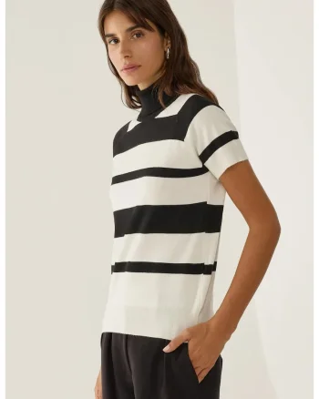 Pulover dama -  top tricotat cu guler inalt - dungi - negru - tricot