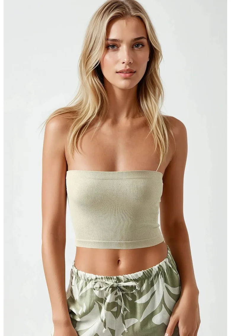 Top scurt dama -  slim fit - jerseu - fara bretele - bej