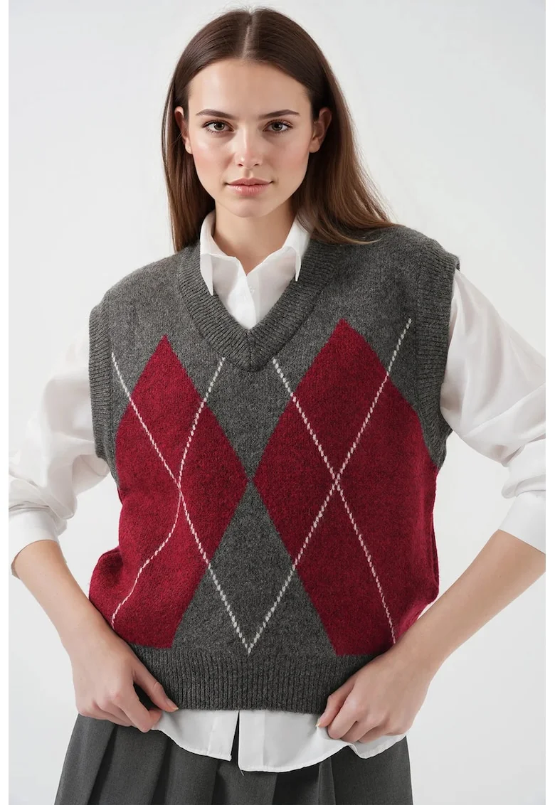 Pulover dama - BigDart - vesta cu decolteu in V - model geometric - tricot - Gri carbune -