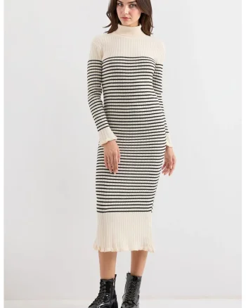 Rochie tricotata  guler inalt - dungi - material acril si lana - Fildes Natural -