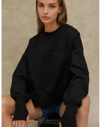 Hanorac dama  supradimensionat - guler rotund - negru - textil