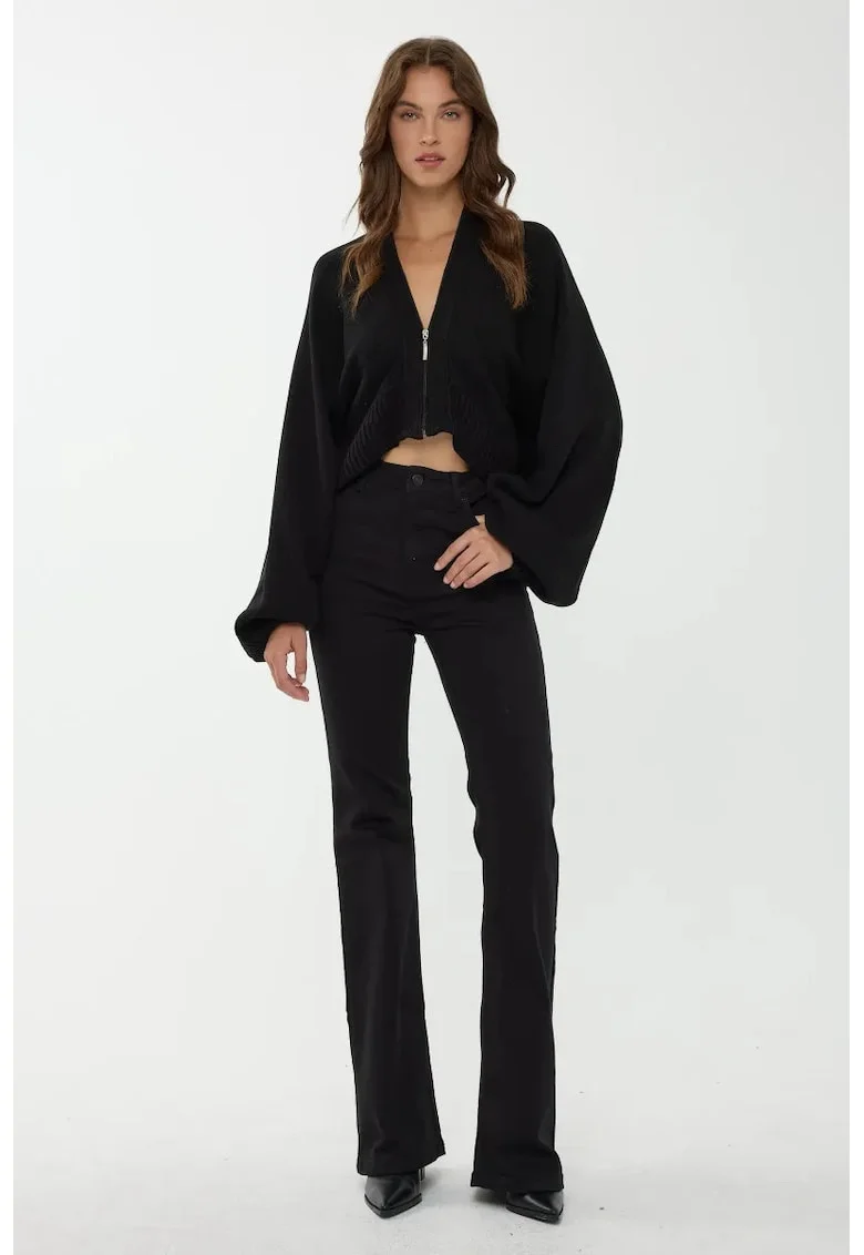 Pulover dama -  supradimensionat cu guler cu fermoar - negru - tricot